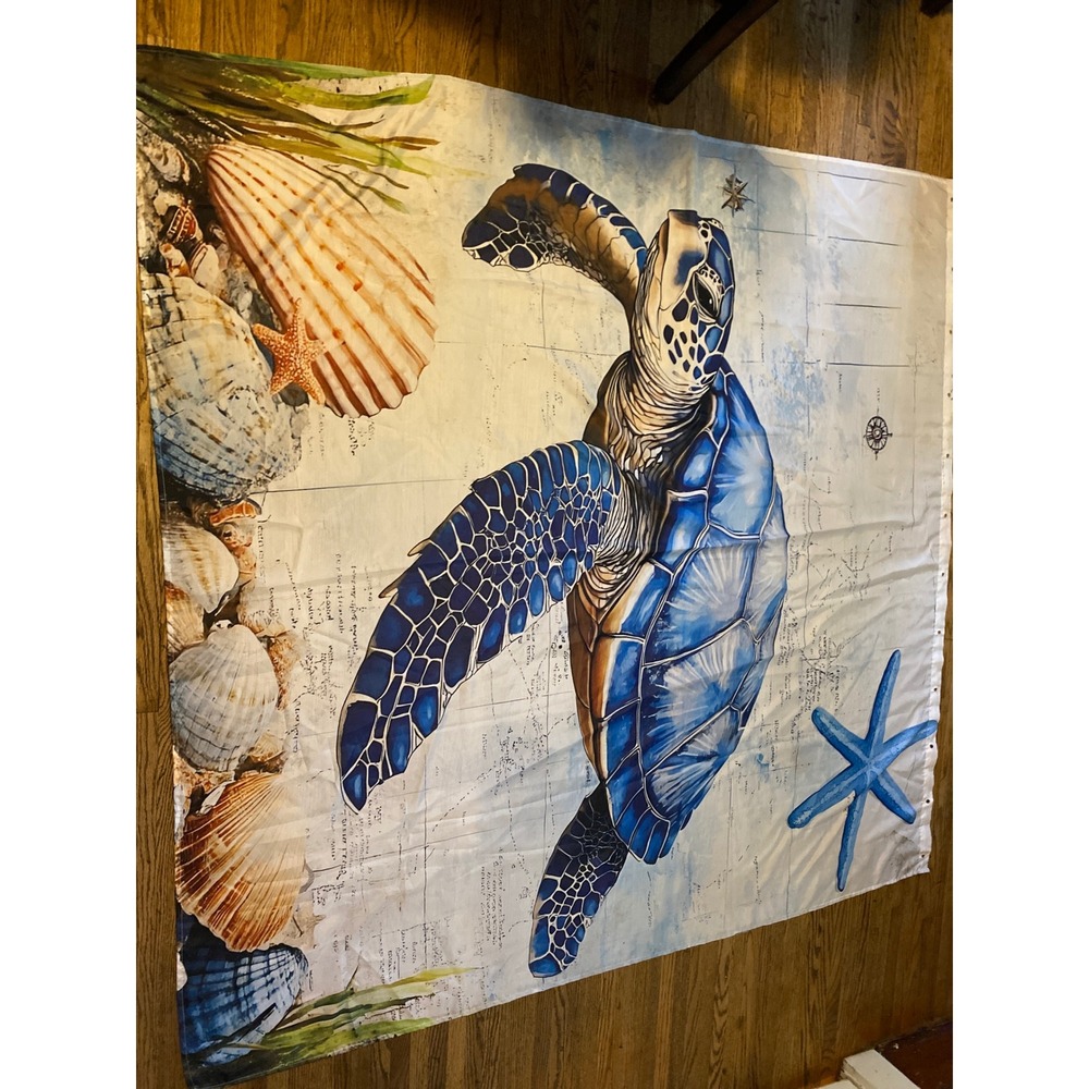 Sea Turtle Shower Curtain Blue Coastal Nautical Shells Starfish 70x70